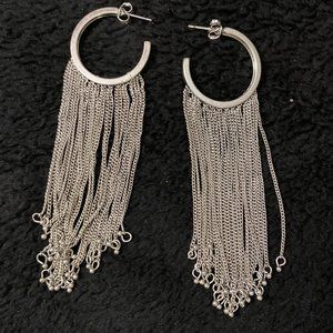 Lucky Brand Silver Hoop Earrings with 2" Silver Fringe Trim